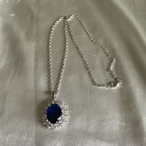 Vintage Blue Glass Rhinestone Crystal Accent Pendant Necklace